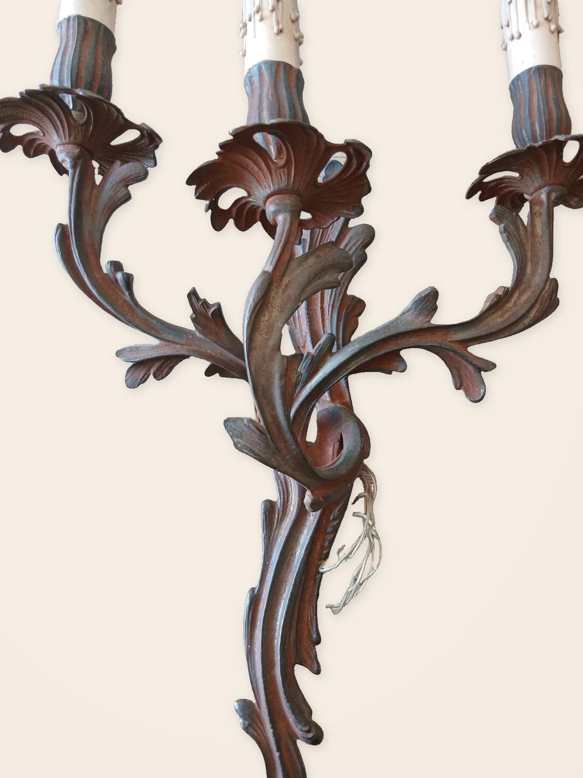Pair of Vintage Large Louis XV Style Bronze Wall Sconces, Three-Arm Rocaille Acanthus Design, Dark Patina with Copper Tones