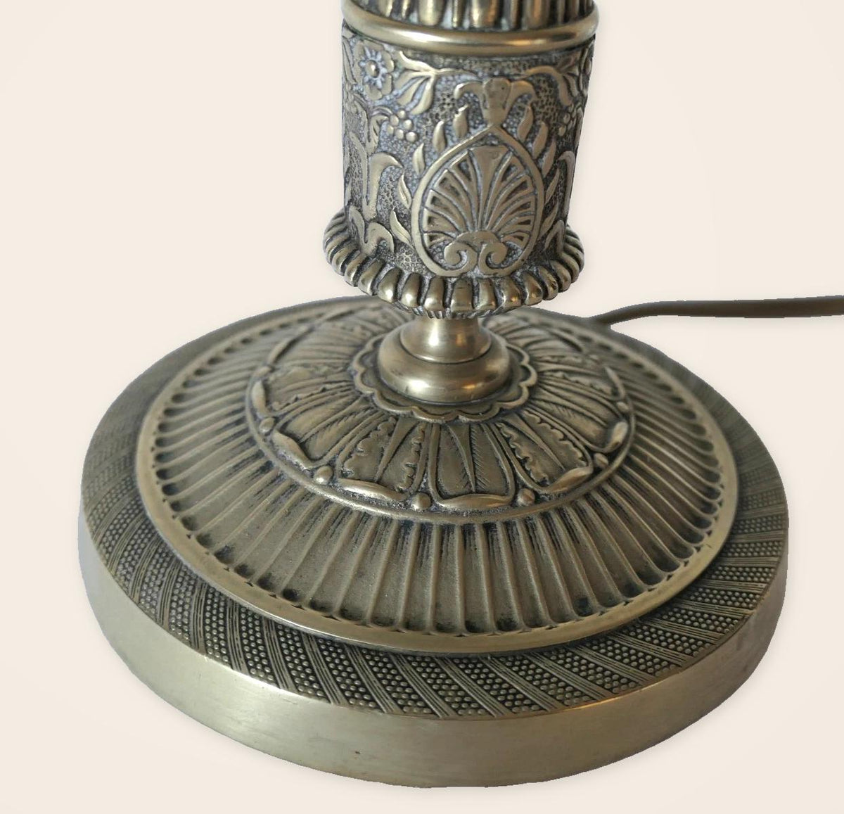 Vintage Empire Style Bronze Column Table Lamp, Fluted Candlestick Base with Palmette Band, Oval Ivory Shade with Apricot Trim
