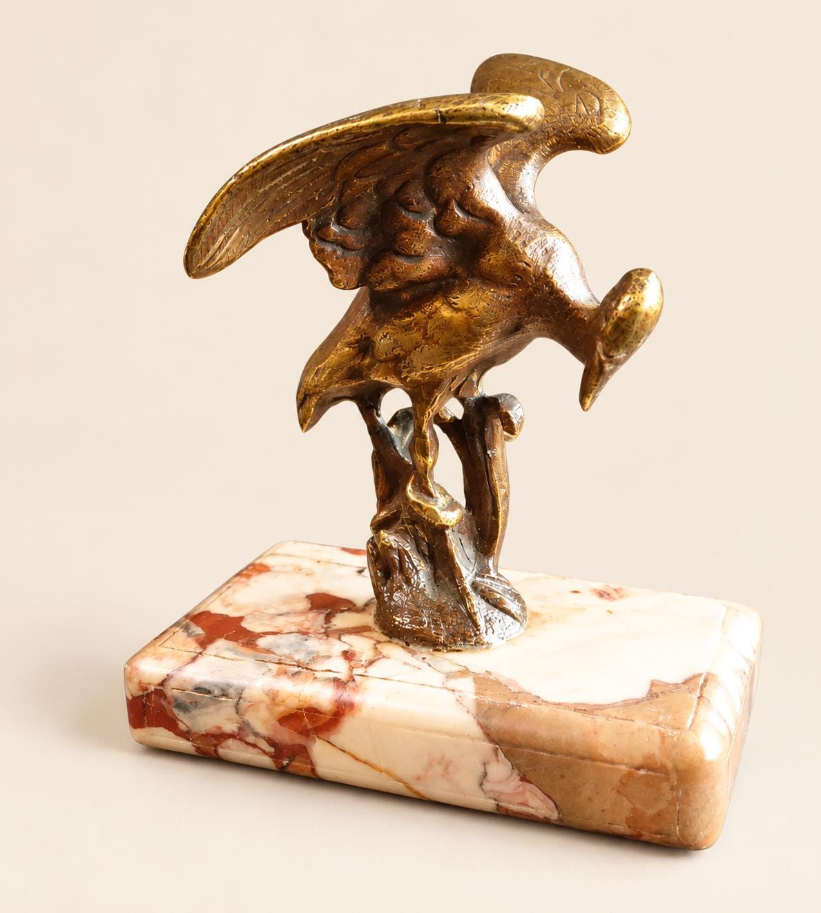 Vintage Bronze Heron Paperweight on Red Veined Marble Base, Bird with Raised Wings Among Reeds, Animalier Desk Sculpture