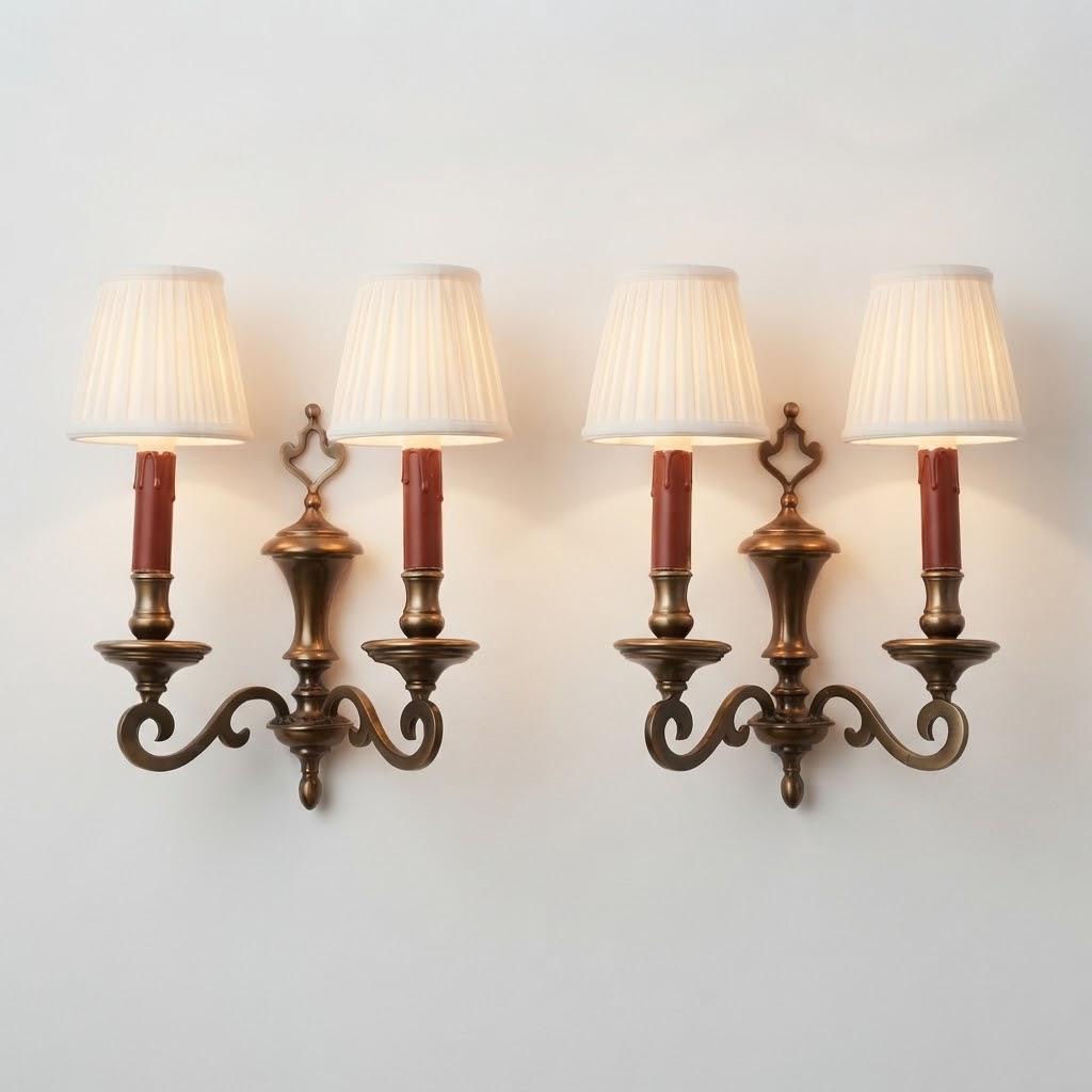 Pair of Vintage Louis XIII Style Tinned Bronze Wall Sconces, Two-Arm Flat Scroll Design with Baluster Stem and Pierced Crest