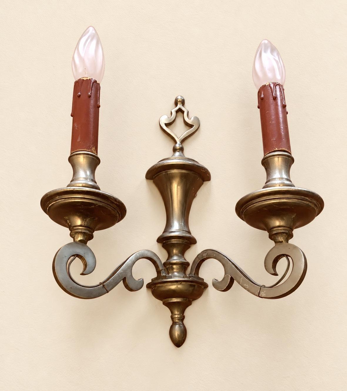 Pair of Vintage Louis XIII Style Tinned Bronze Wall Sconces, Two-Arm Flat Scroll Design with Baluster Stem and Pierced Crest