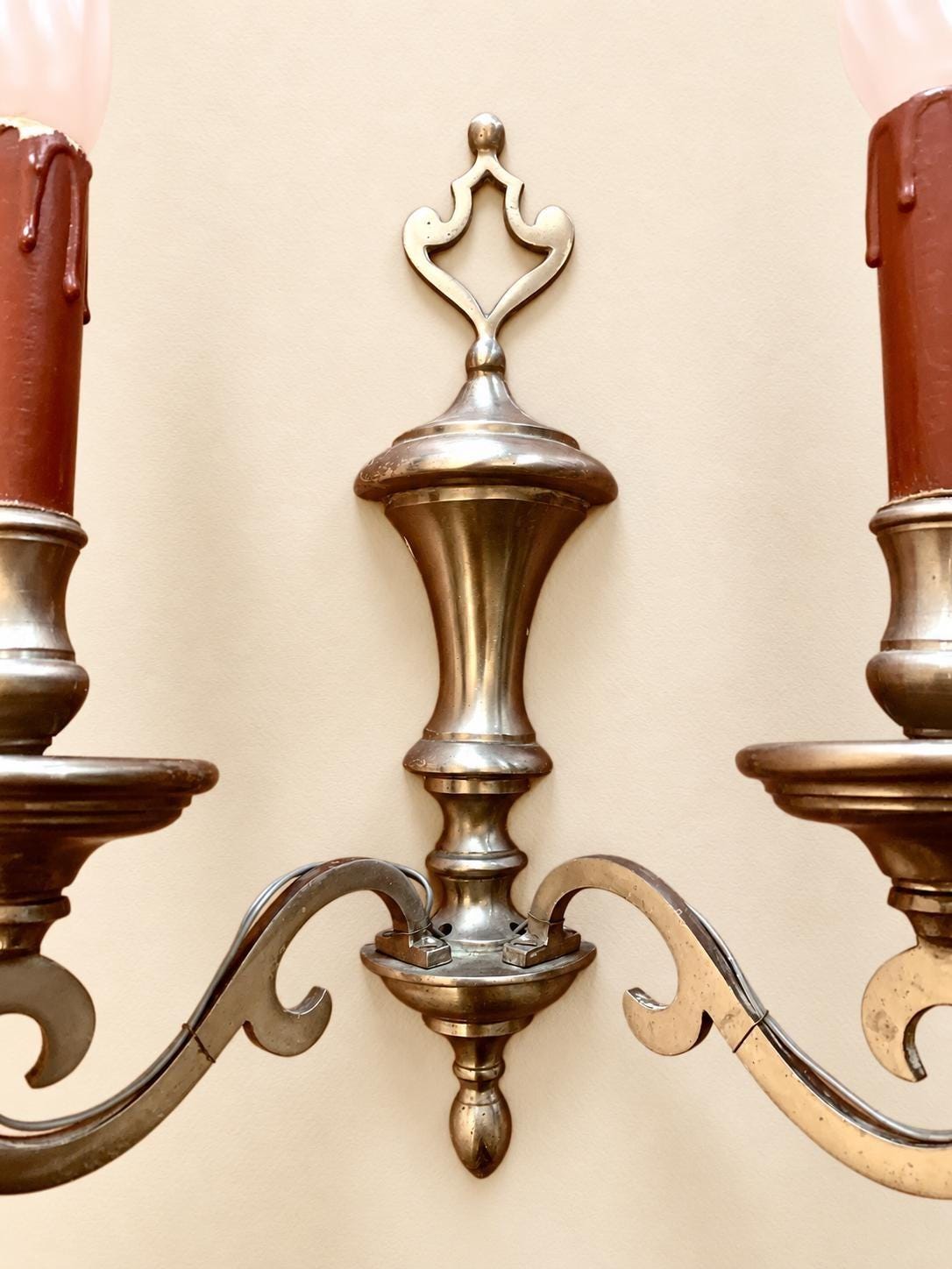 Pair of Vintage Louis XIII Style Tinned Bronze Wall Sconces, Two-Arm Flat Scroll Design with Baluster Stem and Pierced Crest