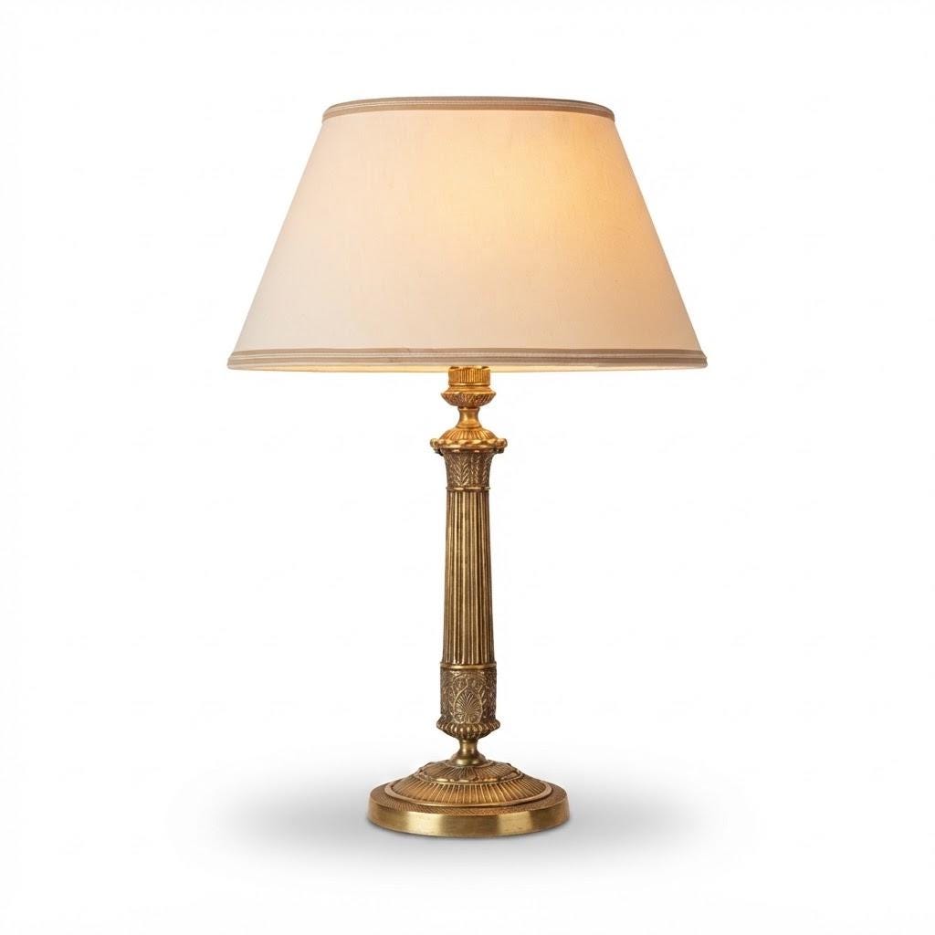 Vintage Empire Style Bronze Column Table Lamp, Fluted Candlestick Base with Palmette Band, Oval Ivory Shade with Apricot Trim