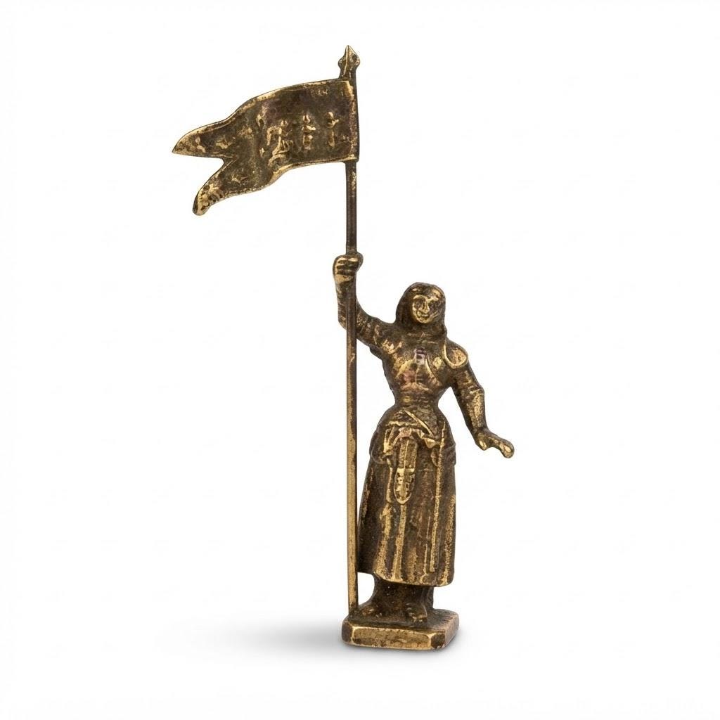 Vintage Small Bronze Joan of Arc Figurine in Armour Holding Her Banner, French Patriotic Statuette, Early 20th Century