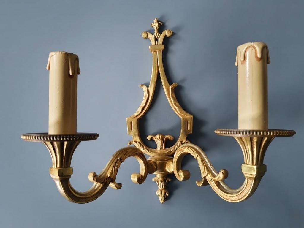 Set of Three Vintage Louis XVI Style Bronze Wall Sconces, Two-Arm Lyre Backplate with Fleur-de-Lis Crest and Beaded Bobeches