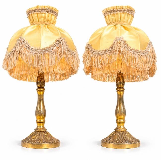 Pair of Vintage Gilt Bronze Bedside Table Lamps with Yellow Satin Fringed Shades, Acanthus Oval Bases, Boudoir Lighting
