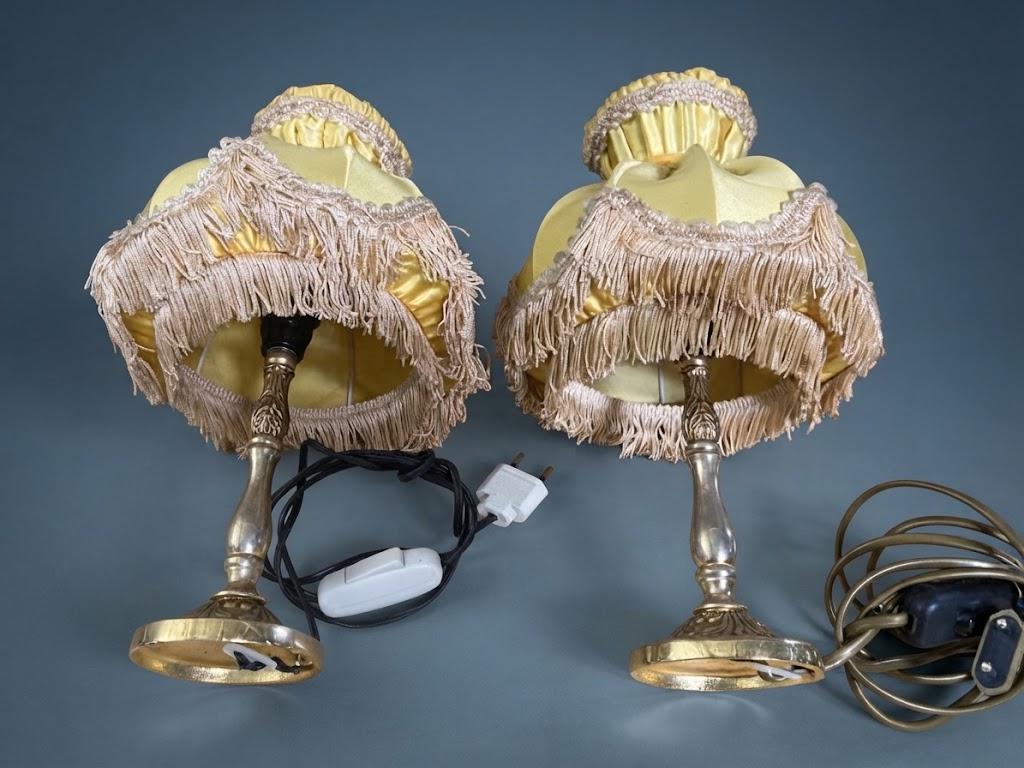 Pair of Vintage Gilt Bronze Bedside Table Lamps with Yellow Satin Fringed Shades, Acanthus Oval Bases, Boudoir Lighting
