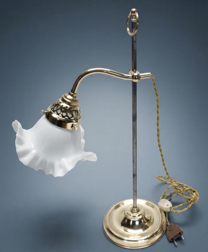 Vintage Bronze Adjustable Desk Lamp with Ruffled White Opaline Glass Tulip Shade, Sliding Swan Neck Arm and Ring Finial