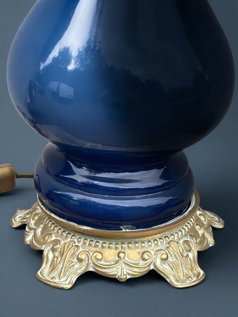 Large Vintage Cobalt Blue Porcelain Baluster Table Lamp with Etched Frosted Glass Globe, Bronze Mounts, Converted Oil Lamp