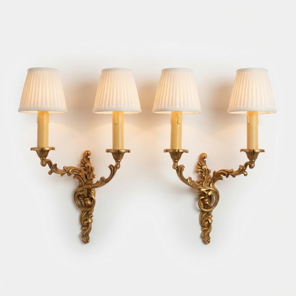Pair of Vintage 1970s Bronze Louis XV Style Wall Sconces, Asymmetric Two-Arm Rocaille Design with Fluted Cups, Mirrored Candle Lights