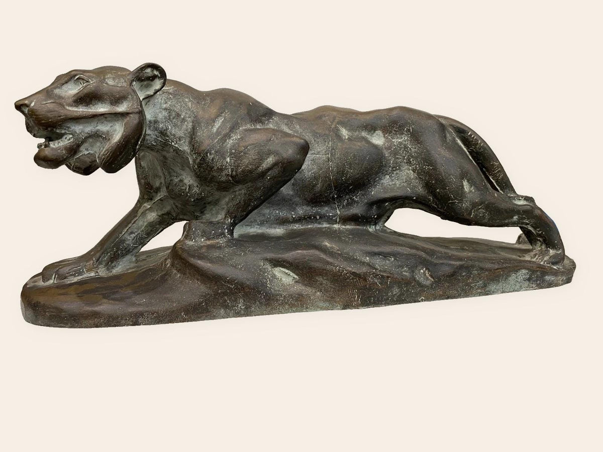 Vintage Art Deco Bronze Panther Sculpture, Stalking Big Cat on Naturalistic Base, Large Animalier Statue, 18.5 Inches Long