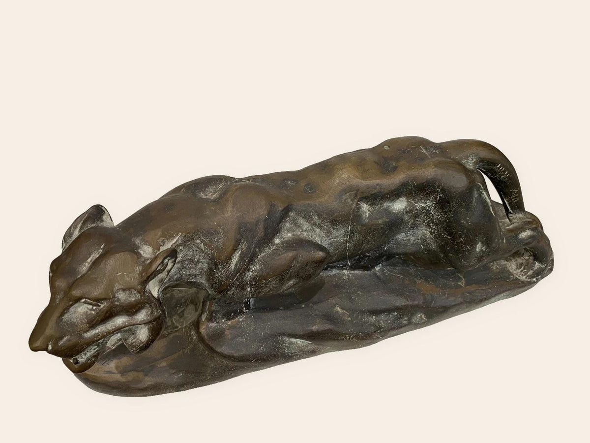 Vintage Art Deco Bronze Panther Sculpture, Stalking Big Cat on Naturalistic Base, Large Animalier Statue, 18.5 Inches Long
