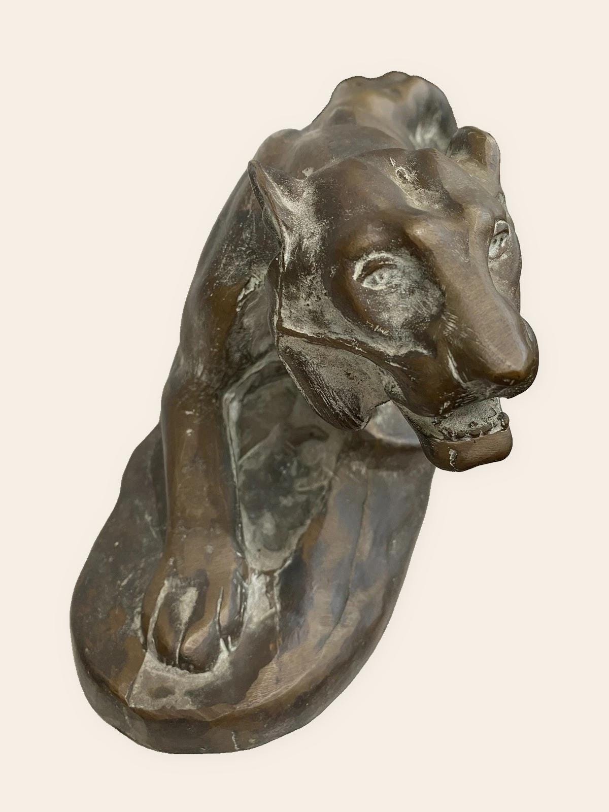 Vintage Art Deco Bronze Panther Sculpture, Stalking Big Cat on Naturalistic Base, Large Animalier Statue, 18.5 Inches Long
