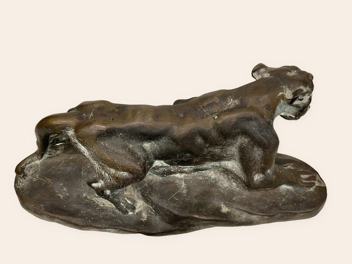 Vintage Art Deco Bronze Panther Sculpture, Stalking Big Cat on Naturalistic Base, Large Animalier Statue, 18.5 Inches Long