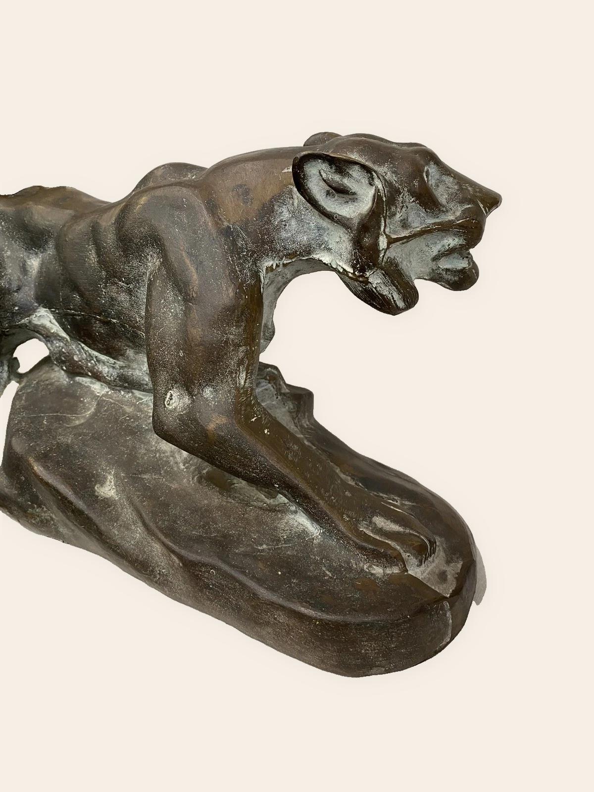 Vintage Art Deco Bronze Panther Sculpture, Stalking Big Cat on Naturalistic Base, Large Animalier Statue, 18.5 Inches Long