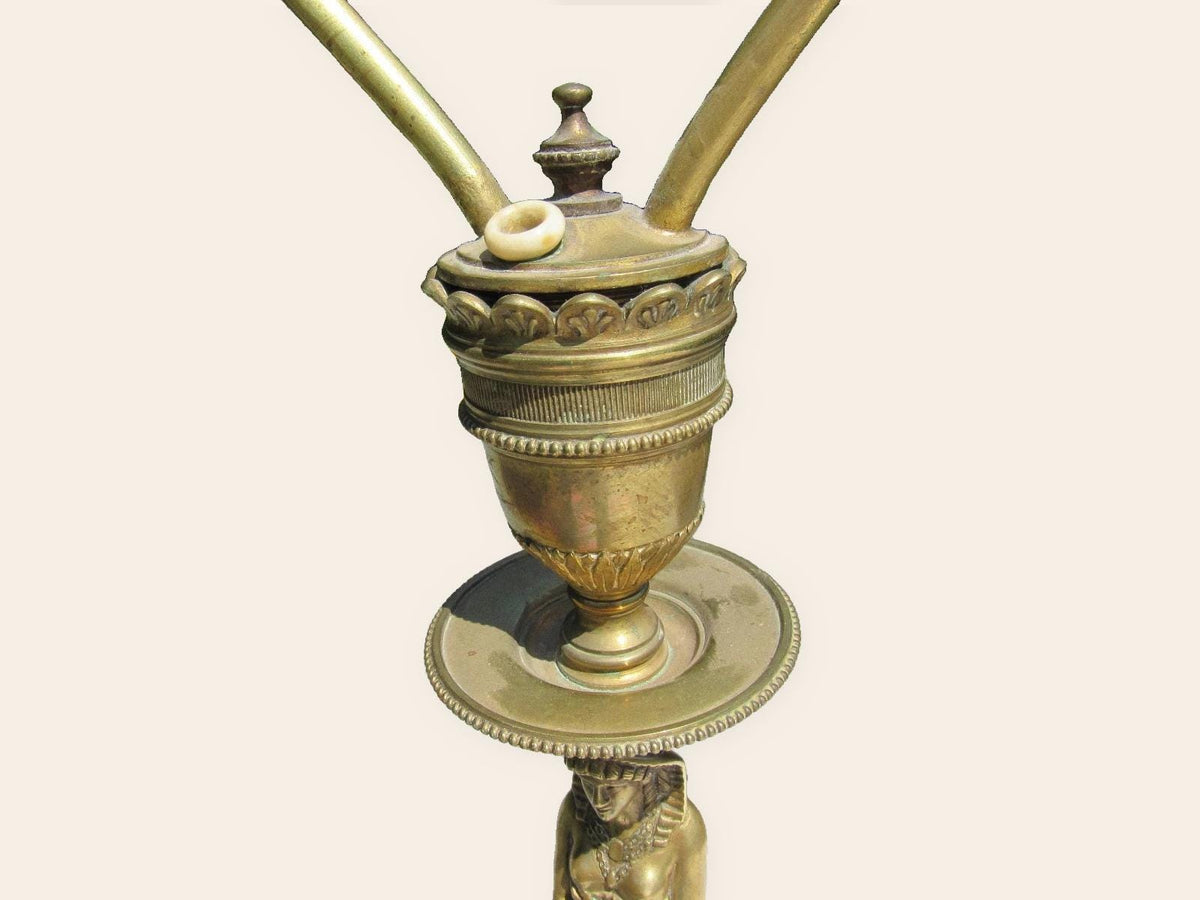Antique 19th Century Gilt Bronze Egyptian Revival Caryatid Table Lamp, Draped Female Figure Stem, Urn Collar, Shade Harp
