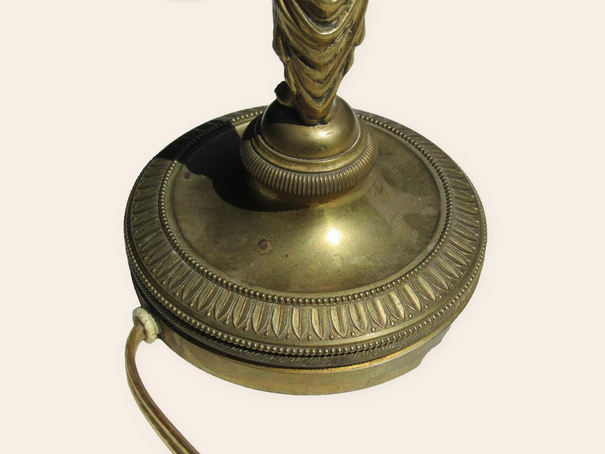 Antique 19th Century Gilt Bronze Egyptian Revival Caryatid Table Lamp, Draped Female Figure Stem, Urn Collar, Shade Harp