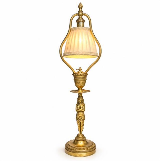 Antique 19th Century Gilt Bronze Egyptian Revival Caryatid Table Lamp, Draped Female Figure Stem, Urn Collar, Shade Harp