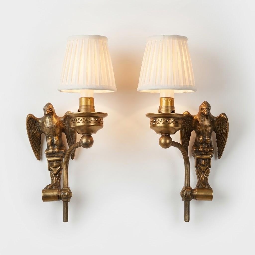 Pair of Vintage Empire Style Brass-Tone Wall Sconces with Imperial Eagle, Single-Arm Reeded Swan Neck, Pierced Shade Gallery