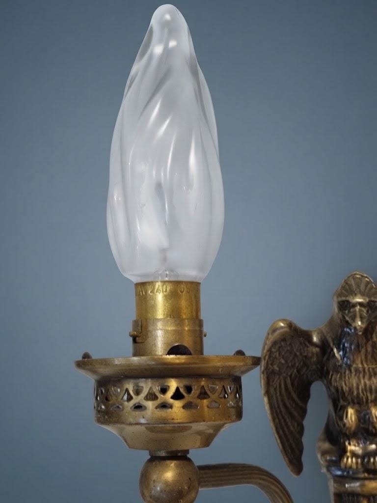 Pair of Vintage Empire Style Brass-Tone Wall Sconces with Imperial Eagle, Single-Arm Reeded Swan Neck, Pierced Shade Gallery