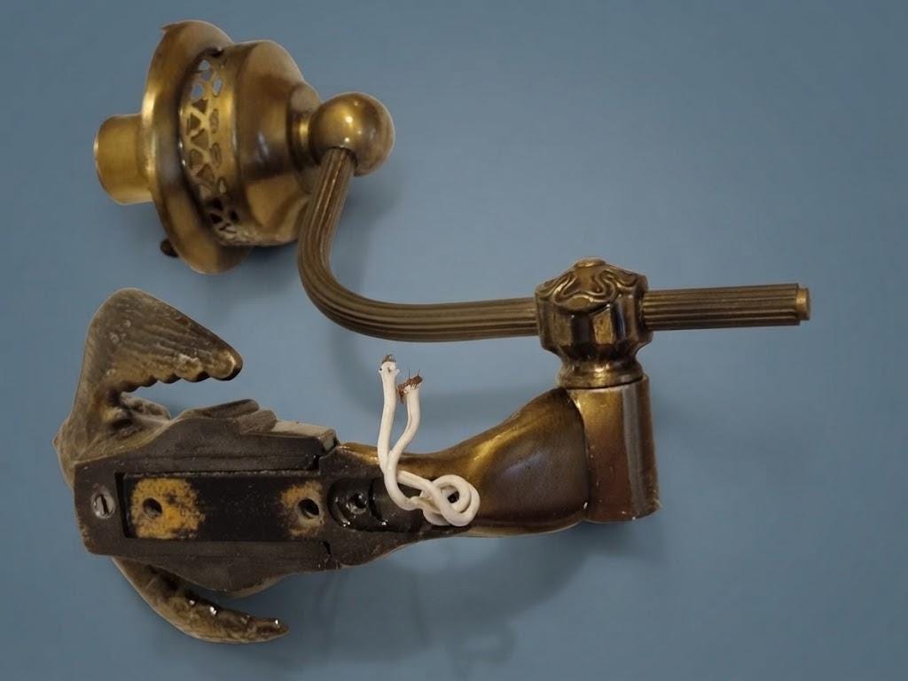 Pair of Vintage Empire Style Brass-Tone Wall Sconces with Imperial Eagle, Single-Arm Reeded Swan Neck, Pierced Shade Gallery