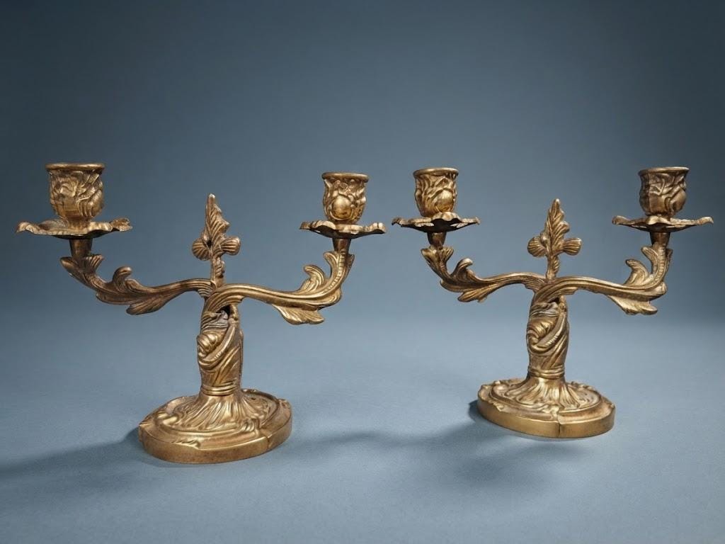 Pair of Antique Louis XV Style Gilt Bronze Two-Light Candelabra, Rocaille Scroll Arms with Flower Bud Cups, circa 1880