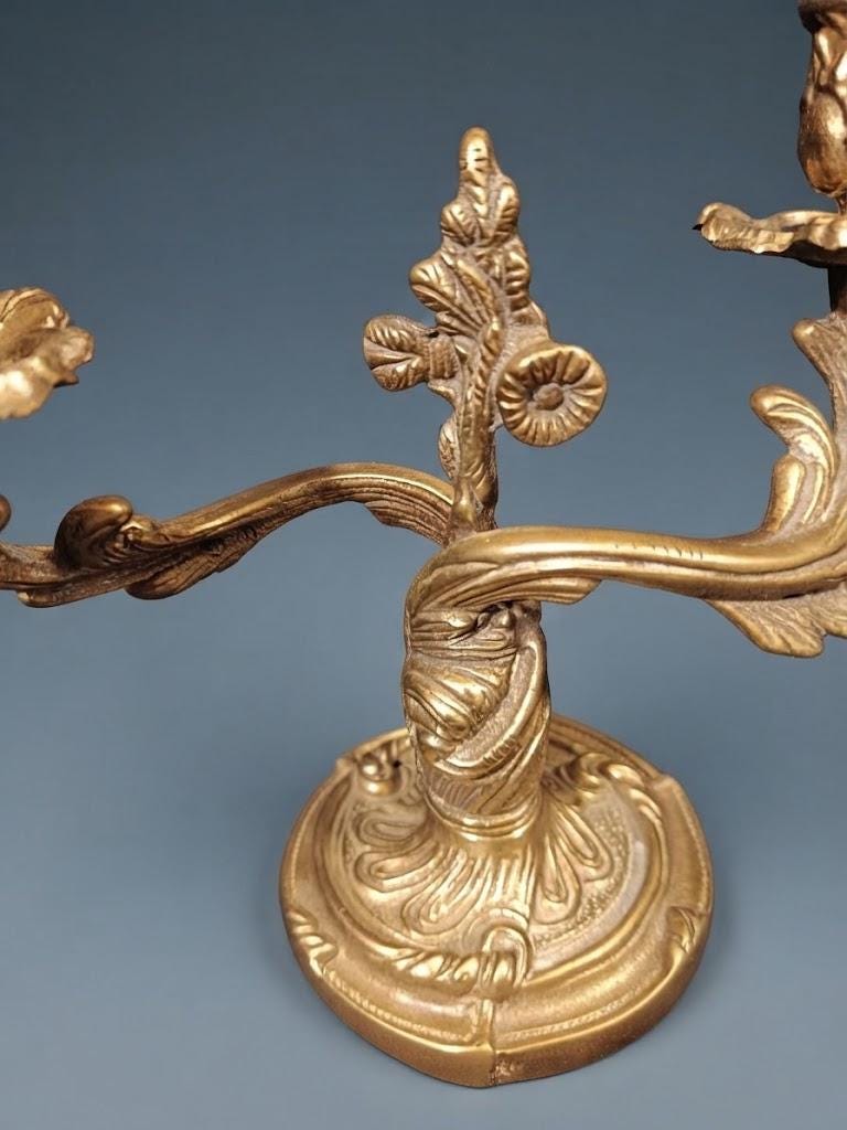 Pair of Antique Louis XV Style Gilt Bronze Two-Light Candelabra, Rocaille Scroll Arms with Flower Bud Cups, circa 1880