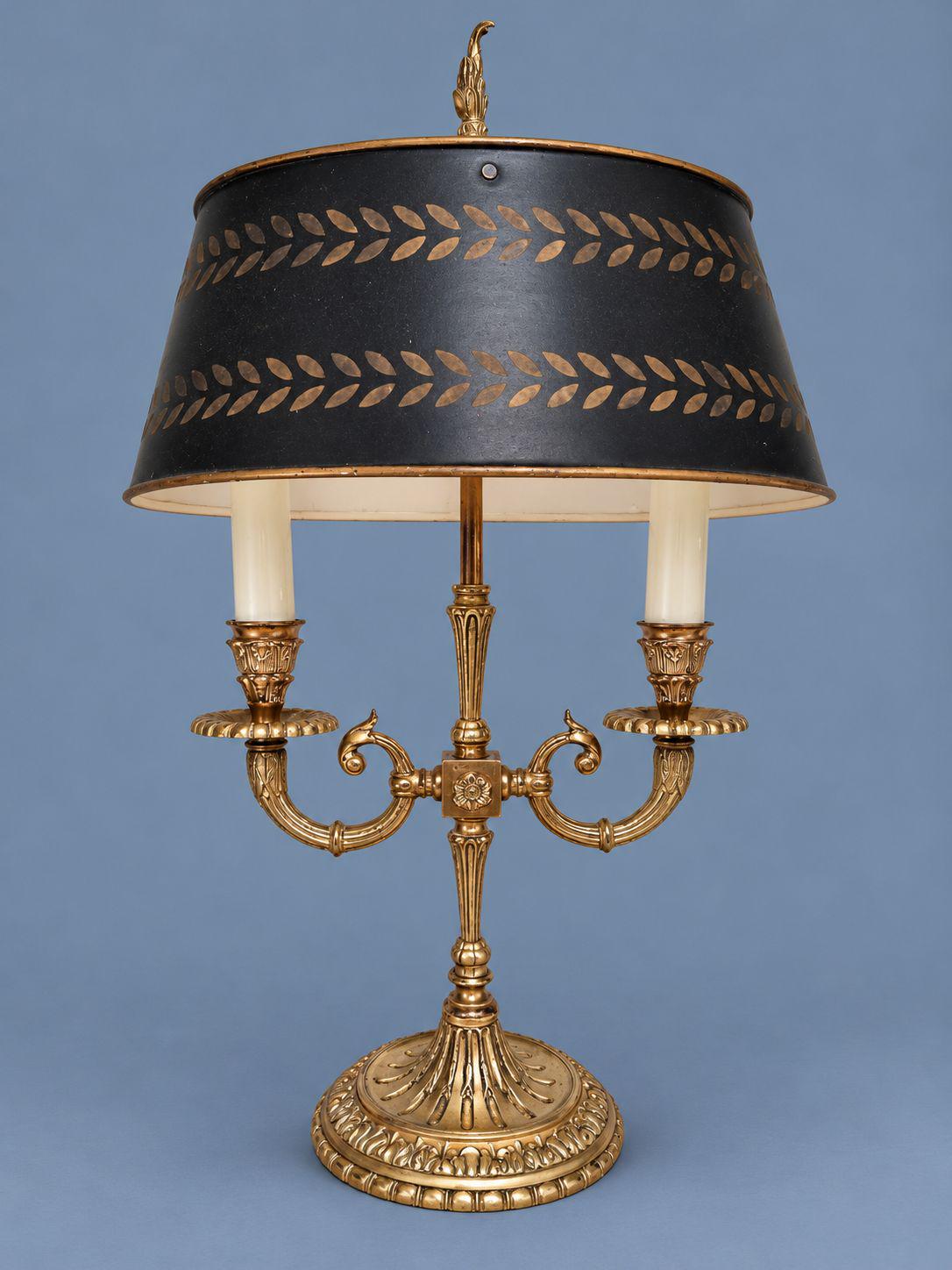 Vintage Louis XVI Style Bronze Bouillotte Lamp with Black Tole Shade and Gilt Laurel Leaf Bands, Two Lights, Rosette Stem