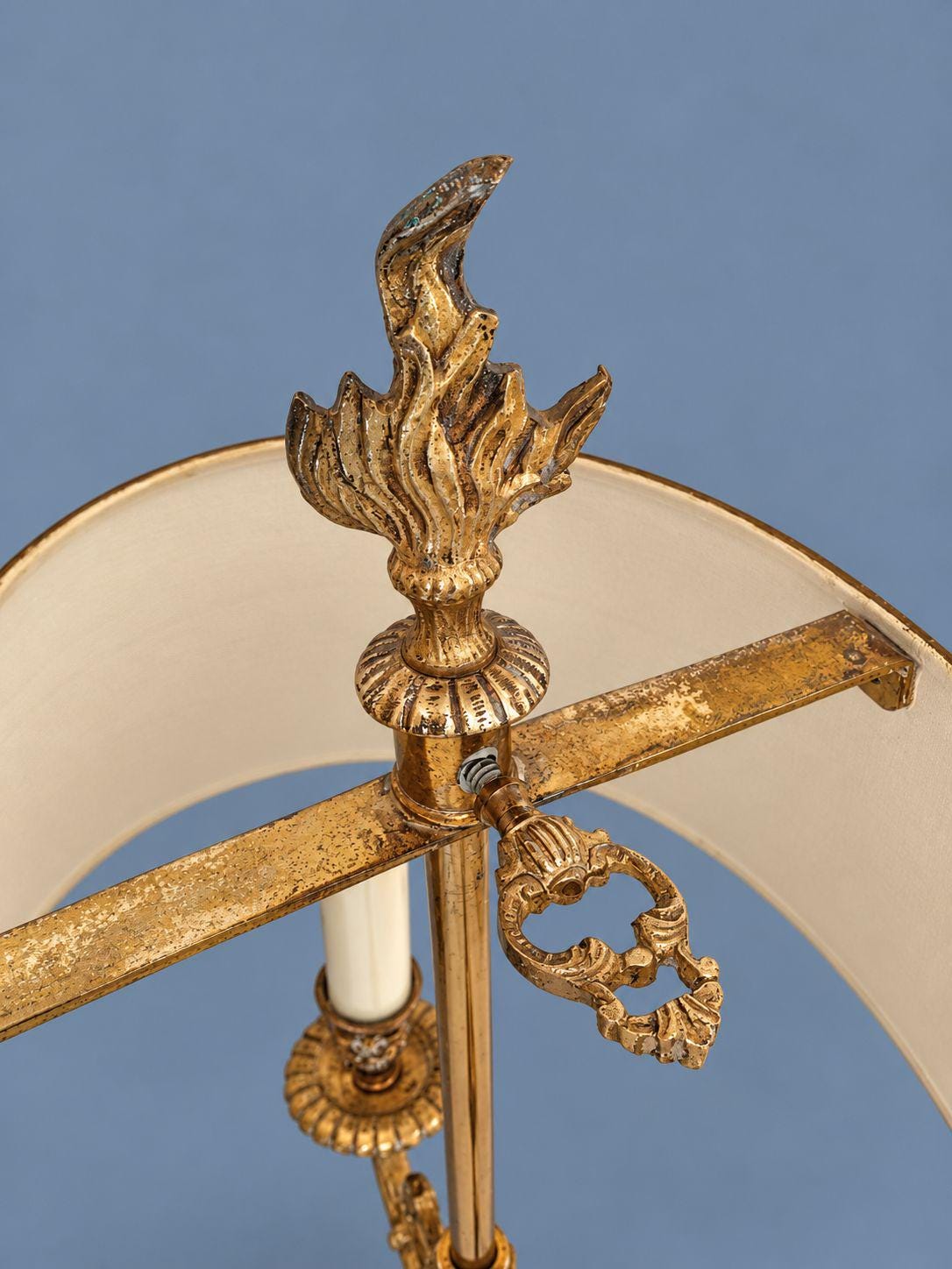 Vintage Louis XVI Style Bronze Bouillotte Lamp with Black Tole Shade and Gilt Laurel Leaf Bands, Two Lights, Rosette Stem
