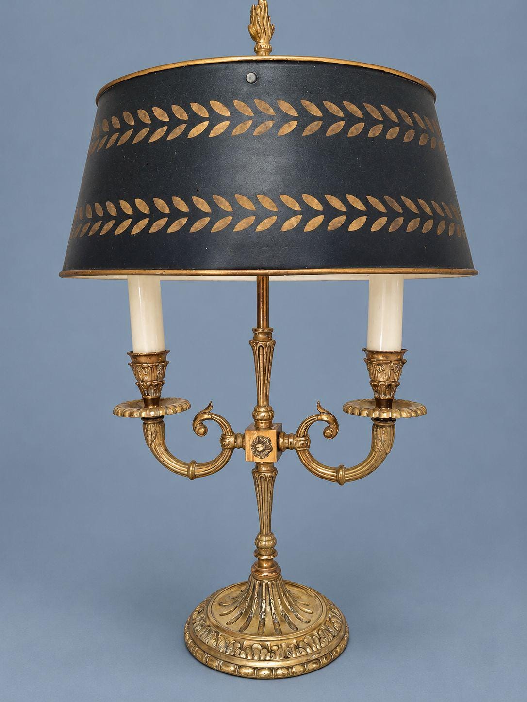 Vintage Louis XVI Style Bronze Bouillotte Lamp with Black Tole Shade and Gilt Laurel Leaf Bands, Two Lights, Rosette Stem