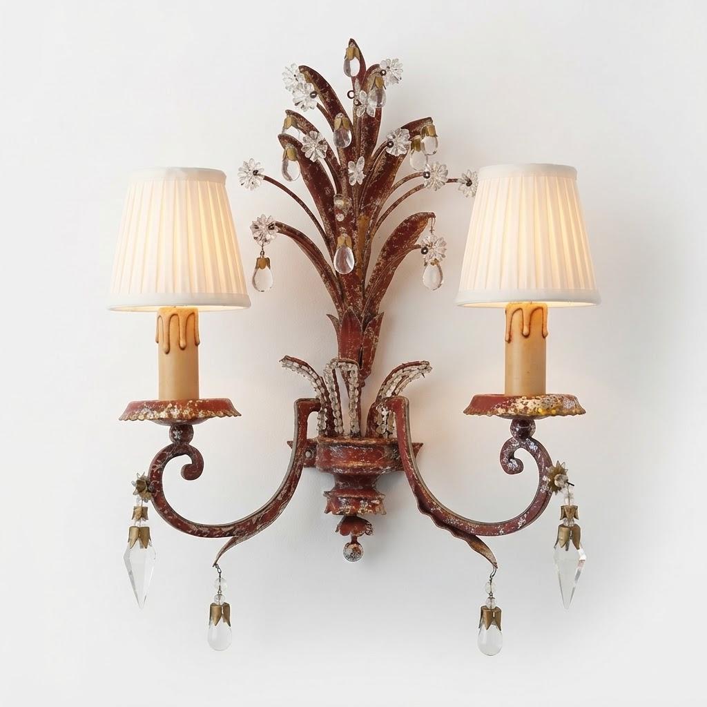 Vintage Red and Gilt Tole Wall Sconce with Crystal Flowers and Drops, Pineapple Leaf Plume, Two Lights, Hollywood Regency
