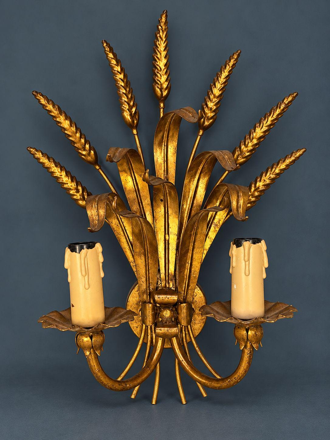 Pair of Vintage Gilt Tole Wheat Sheaf Wall Sconces, Two-Light Hollywood Regency Design with Ribbon Tie and Drip Sleeves