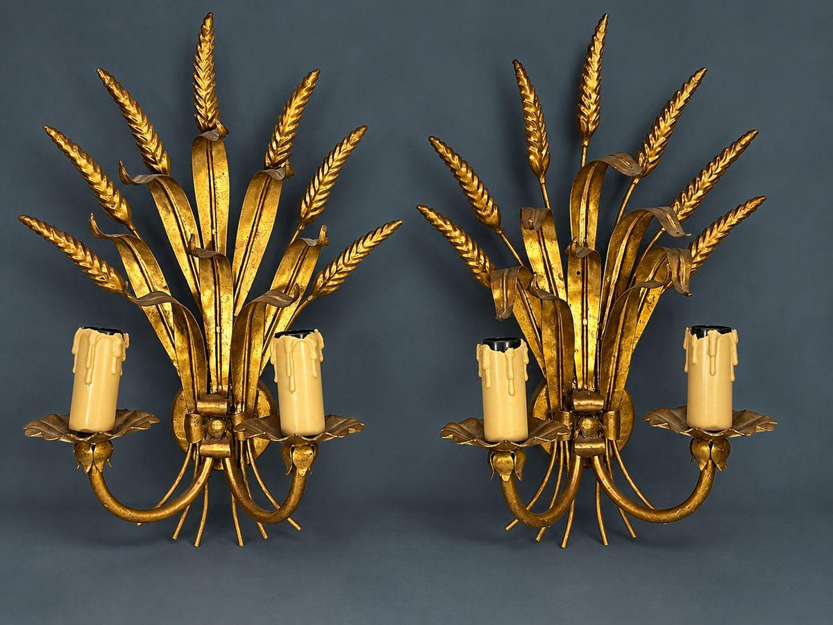 Pair of Vintage Gilt Tole Wheat Sheaf Wall Sconces, Two-Light Hollywood Regency Design with Ribbon Tie and Drip Sleeves