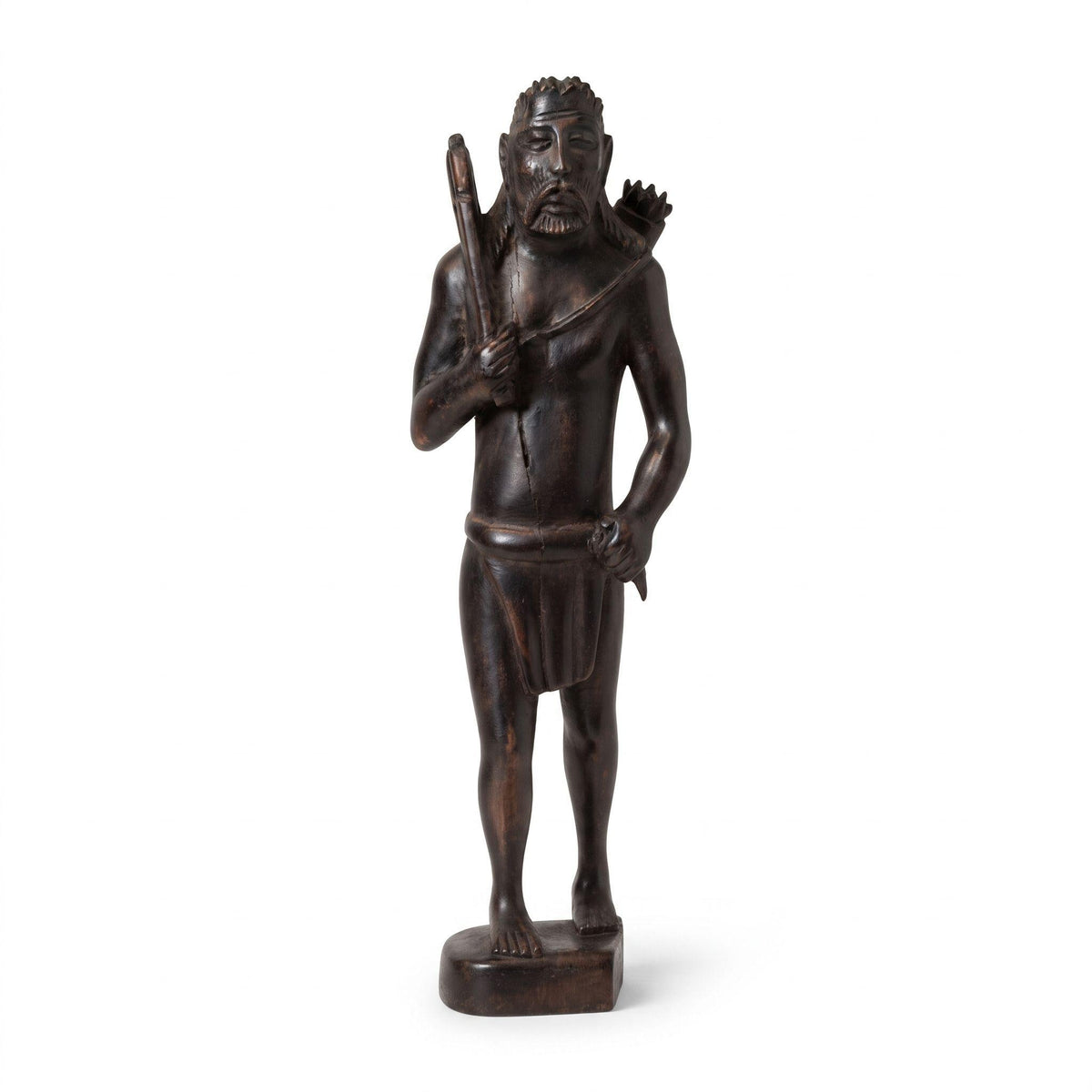 Vintage Hand-Carved Dark Wood Hunter Figure with Spear and Quiver of Arrows, Standing Warrior Statue, Folk Art Sculpture