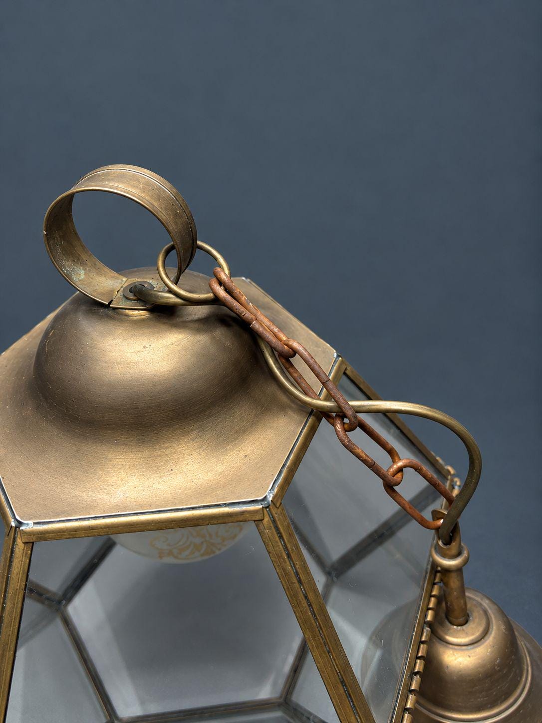 Vintage Hexagonal Brass and Glass Hall Lantern Pendant, Rope Twist Band, Etched Frosted Globe Inside, Bell Canopy and Chain