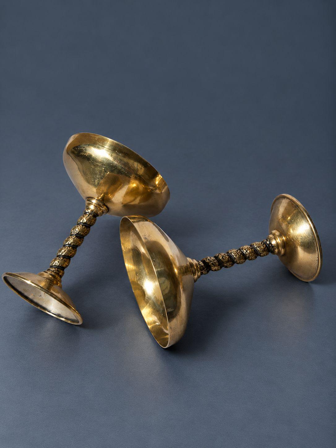 Pair of Vintage Brass Champagne Coupes with Twisted Grape Vine Stems, Footed Goblets, Mid Century Bar Cart or Table Decor