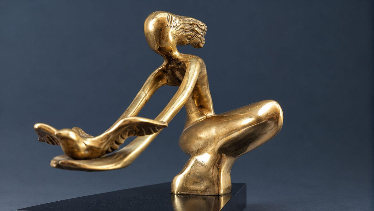 Vintage Modernist Brass or Bronze Sculpture, Stylized Woman Releasing a Dove on Black Wood Base, Peace Symbol Art Decor