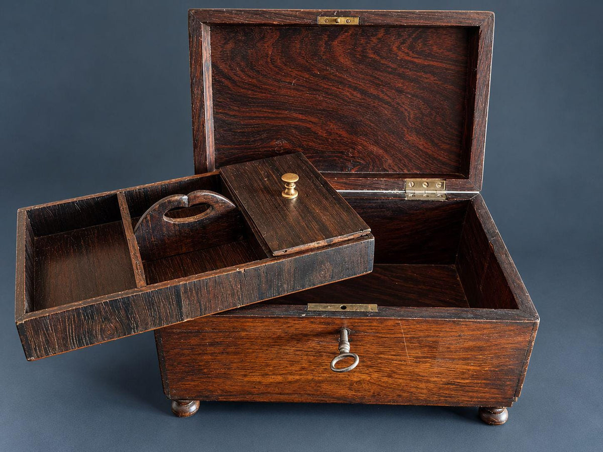 Antique Style Rosewood Tea Caddy on Bun Feet, Fitted Interior with Lidded Compartment, Working Lock and Key, Keepsake Box