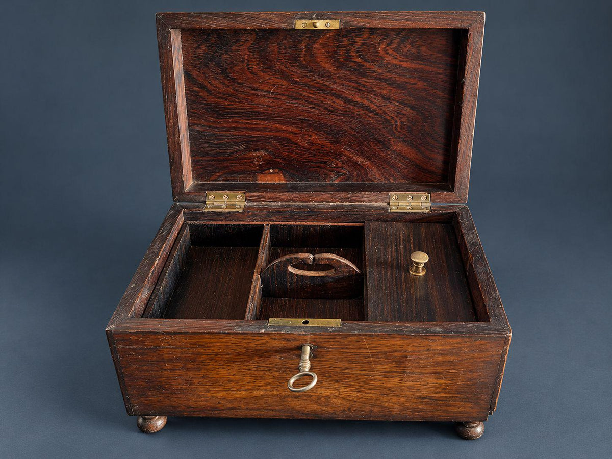 Antique Style Rosewood Tea Caddy on Bun Feet, Fitted Interior with Lidded Compartment, Working Lock and Key, Keepsake Box