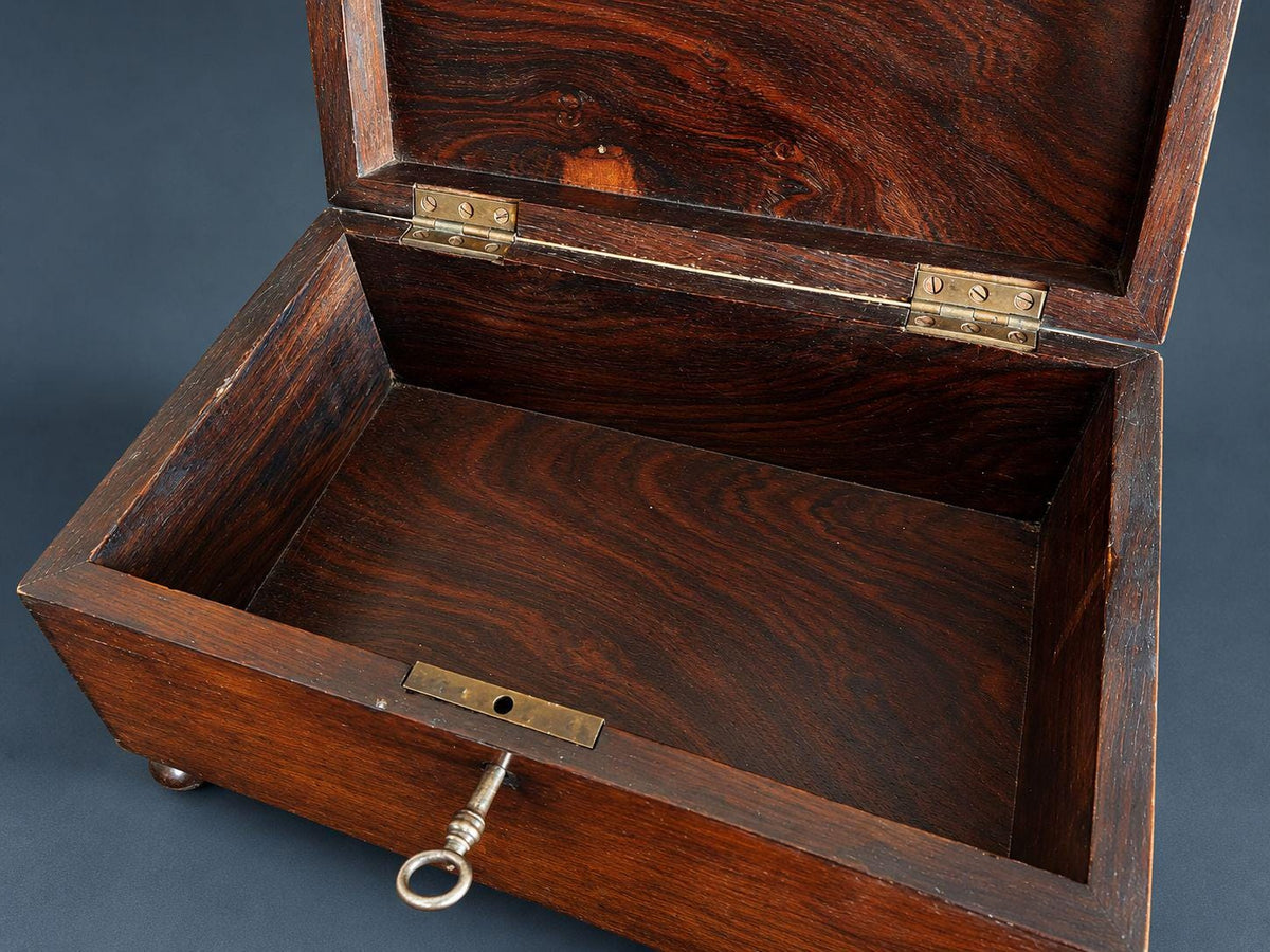 Antique Style Rosewood Tea Caddy on Bun Feet, Fitted Interior with Lidded Compartment, Working Lock and Key, Keepsake Box