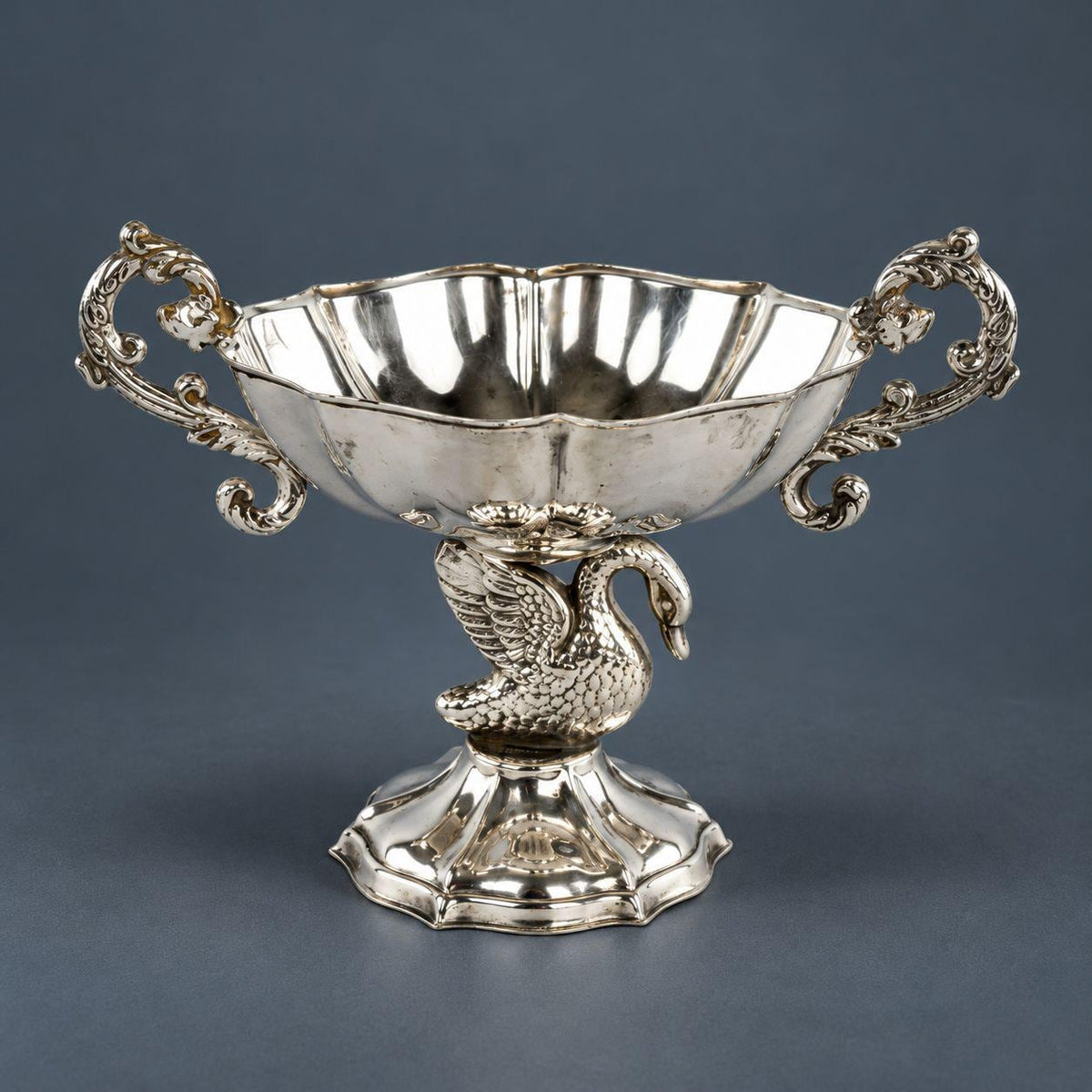 Vintage Silver-Tone Swan Pedestal Bowl, Two-Handled Footed Salt or Bonbon Dish with Scroll Handles and Scalloped Base