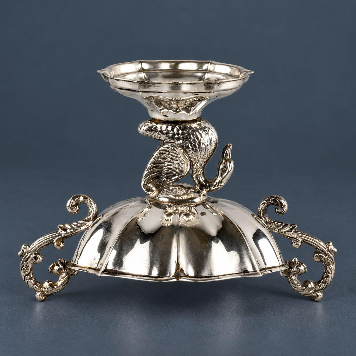 Vintage Silver-Tone Swan Pedestal Bowl, Two-Handled Footed Salt or Bonbon Dish with Scroll Handles and Scalloped Base