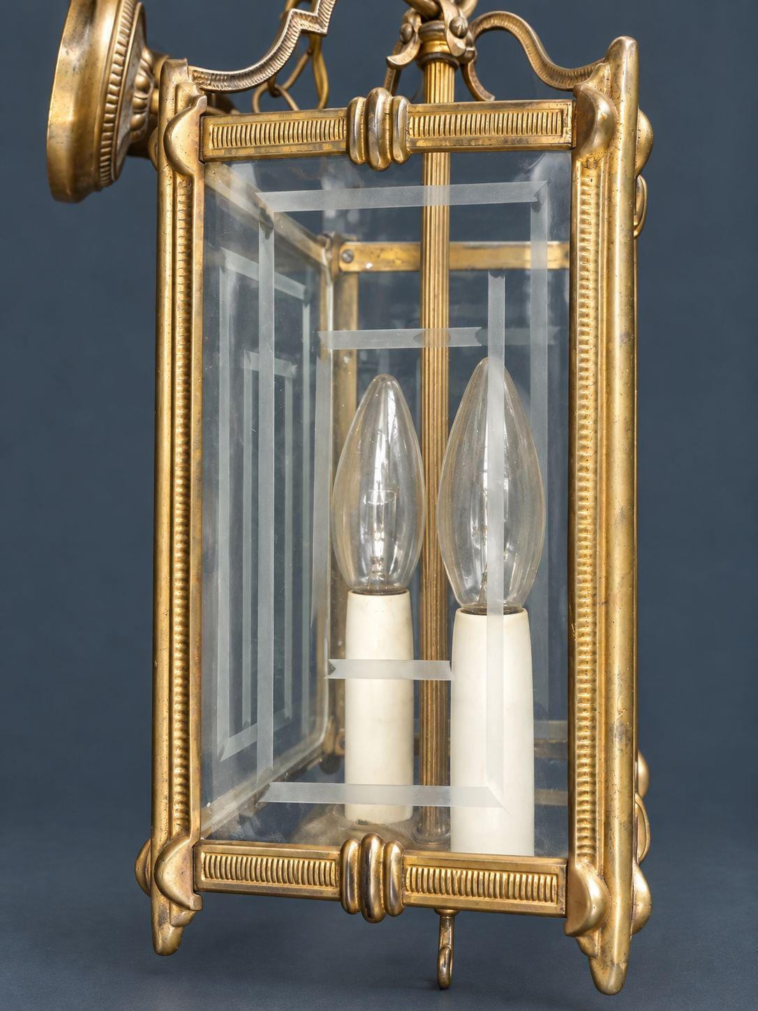 Vintage Louis XVI Style Bronze and Glass Hall Lantern, Two-Light Square Pendant with Etched Panes, Reeded Frame and Ribbon Bow