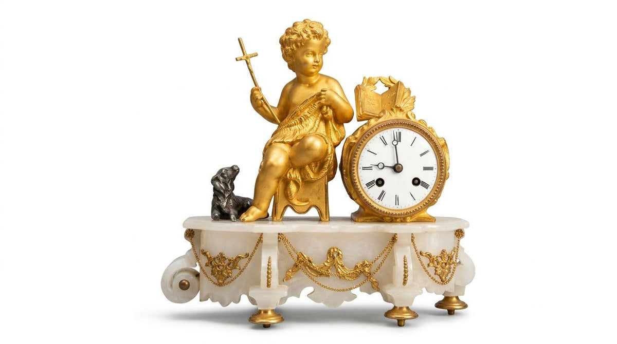 Antique Gilt Figural Mantel Clock on Alabaster Base, Young Saint John the Baptist with Cross and Lamb, Striking, circa 1855