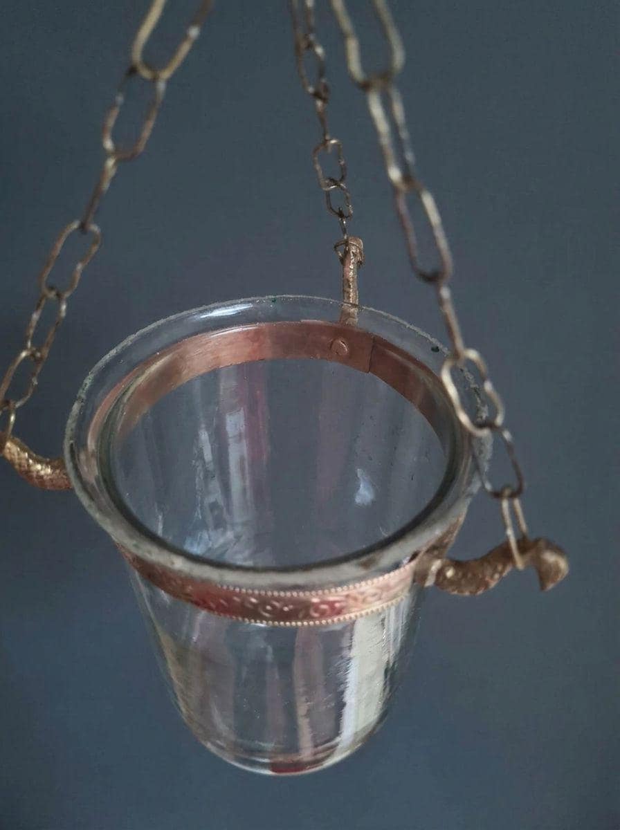 Antique Hand-Blown Glass Bell Jar Hanging Lantern, Embossed Copper Band with Bird Head Hooks and Chains, Candle Hurricane