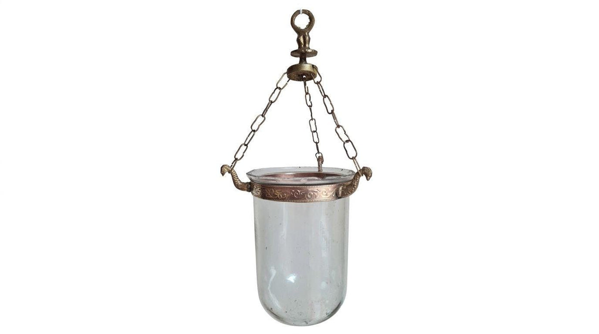 Antique Hand-Blown Glass Bell Jar Hanging Lantern, Embossed Copper Band with Bird Head Hooks and Chains, Candle Hurricane