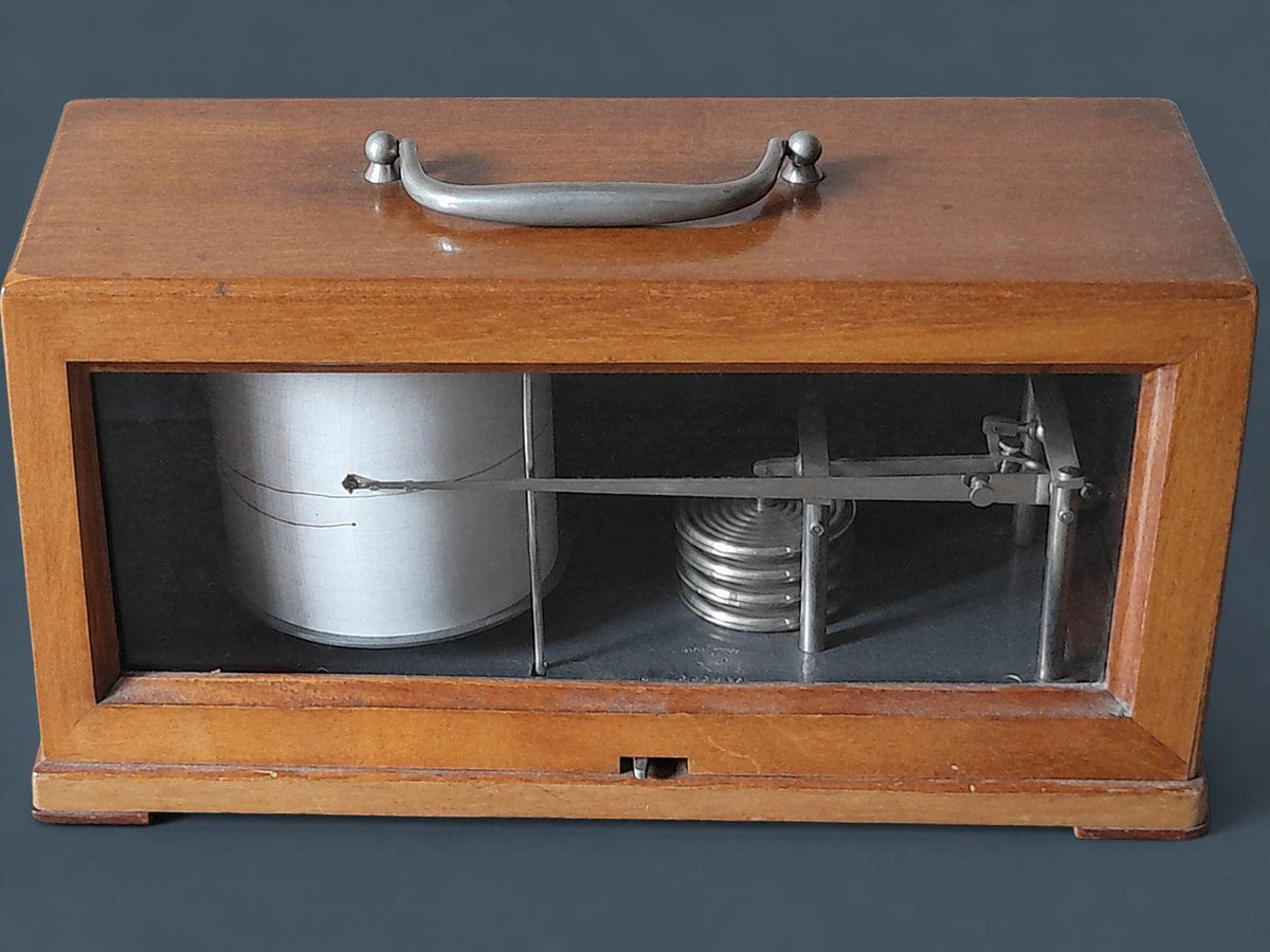 Vintage French Maxant Paris Barograph in Wood and Glass Case, Recording Barometer with Clockwork Drum and Key, Desk Decor