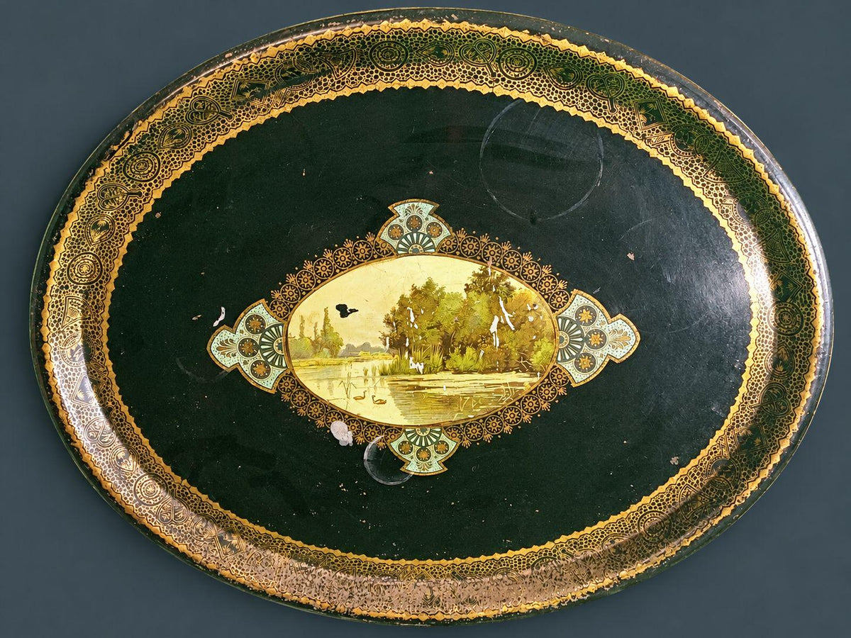 Antique Napoleon III Painted Tole Tray, Large Oval Black Toleware with Gilt Border and Swan Lake Landscape Cartouche