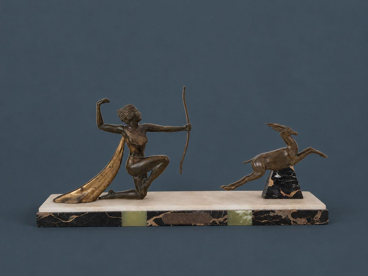 Vintage 1930s Art Deco Diana the Huntress Sculpture with Leaping Gazelle, Spelter on Marble and Onyx Base, Dog Show Trophy