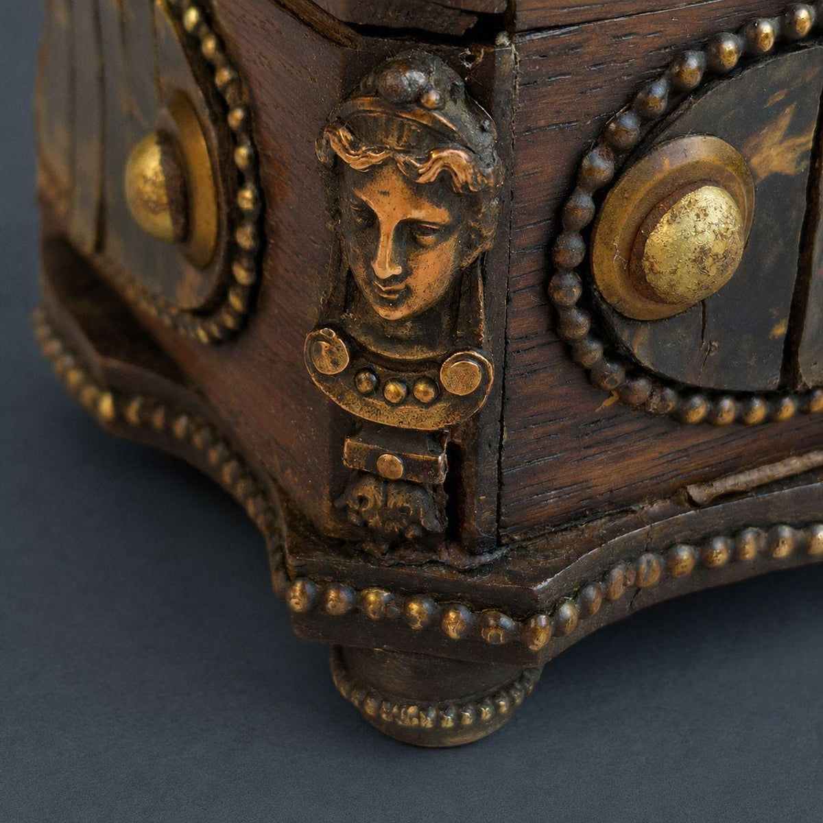 Antique 19th Century Neo-Renaissance Oak Casket, Studded Mottled Plaques and Gilt Caryatid Mask Mounts, Long Glove or Jewelry Box